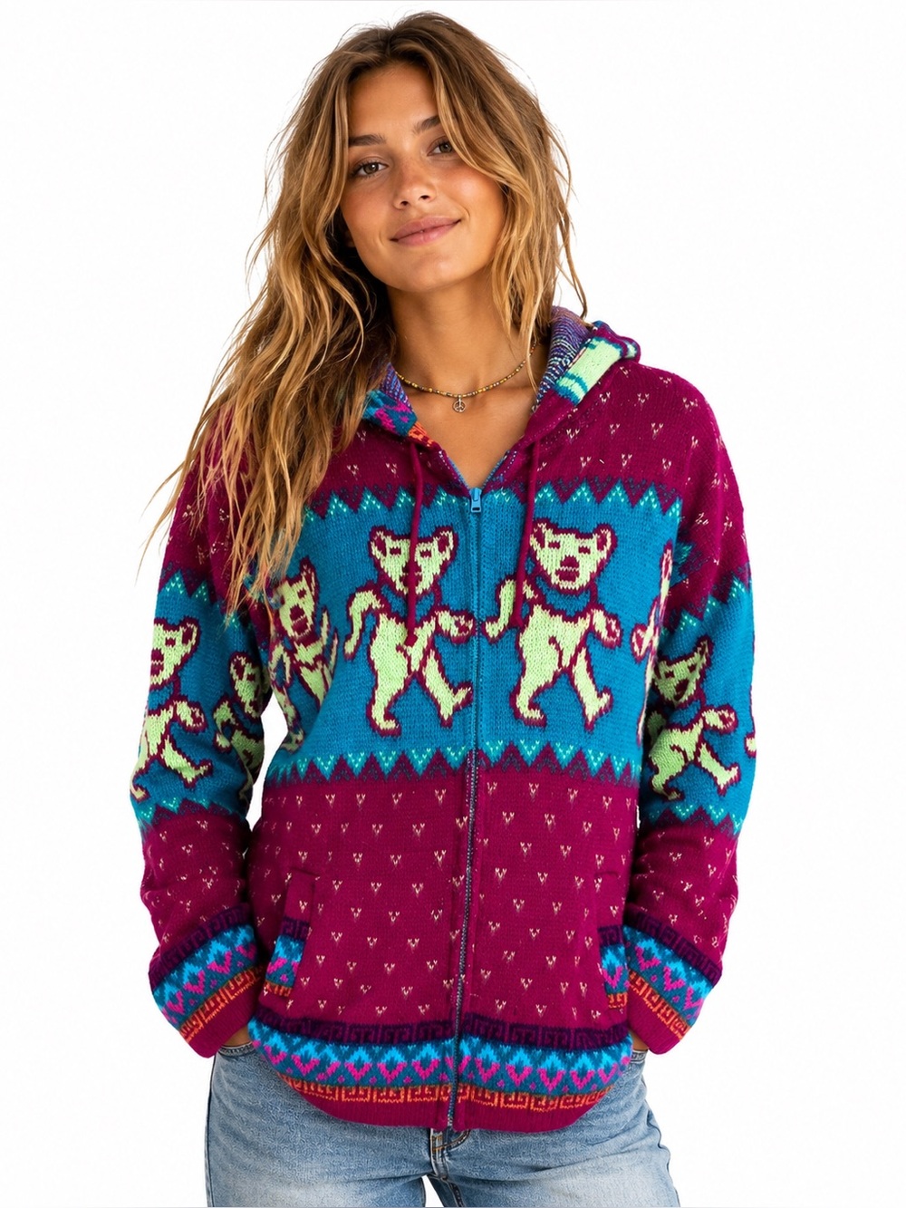 Grateful Dead Dancing Bears Ecuador Knit Zip Hoodie Sweater Medium Hippie Boho